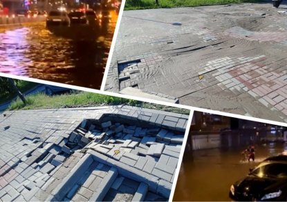 Ночной ливень затопил Новосибирск и смыл плитку с Михайловской набережной