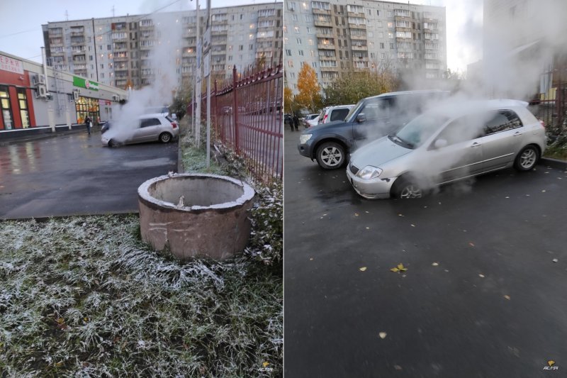 В Новосибирске автомобиль провалился в метровую дымящуюся яму на стоянке