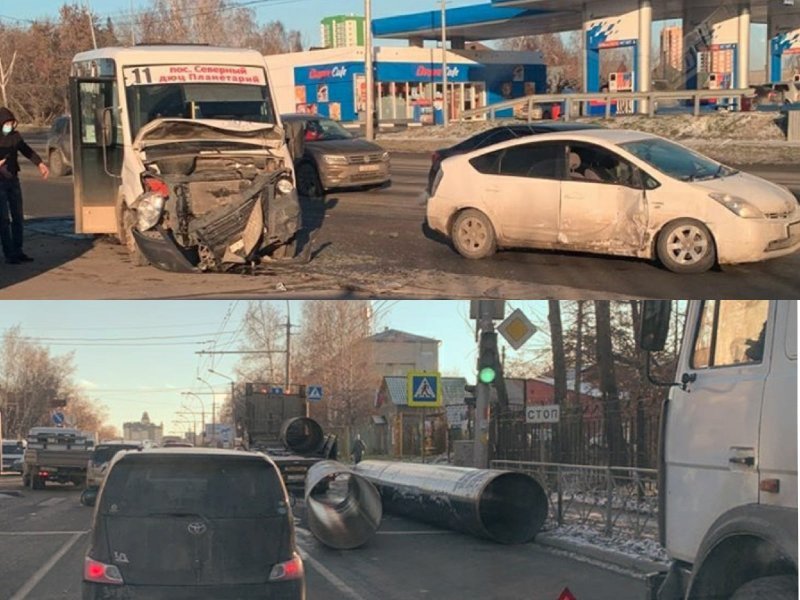 Маршрутка потеряла бампер и фары в ДТП в Заельцовском районе