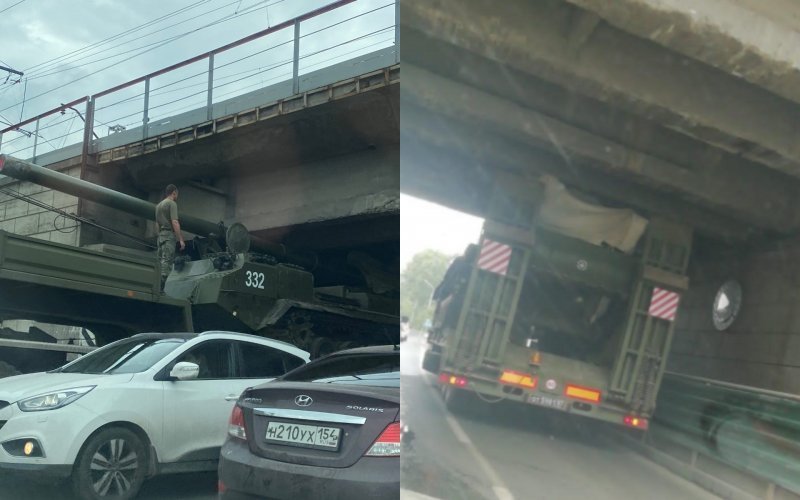 Самоходная пушка застряла под мостом и остановила движение на выезде из Академгородка
